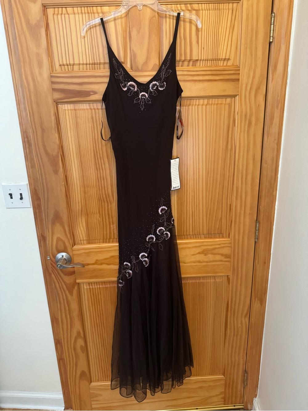 Xscape Chocolate Brown Embellished Spaghetti-Strap Maxi Gown